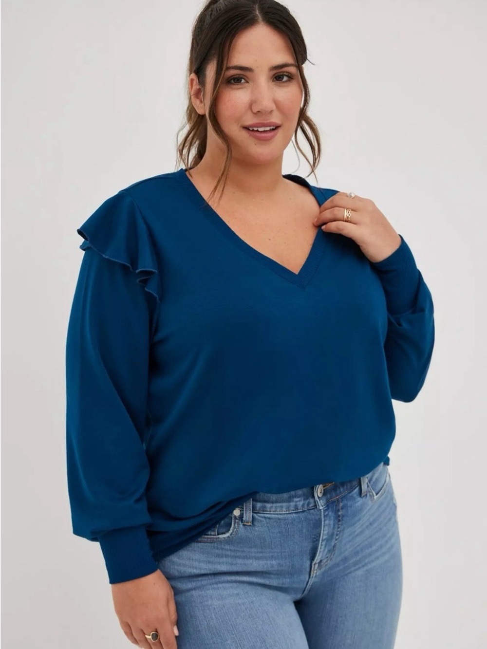 Torrid Size 5X Blue V-Neck French Terry Ruffle Pullover Sweater